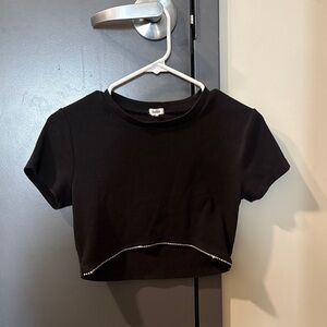 Garage Black Cropped Tee with Rhinestone Trim